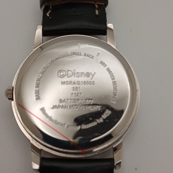 Disney Mickey Mouse Watch Silver Dial Black Leather Strap 33mm New Battery - Picture 11 of 12